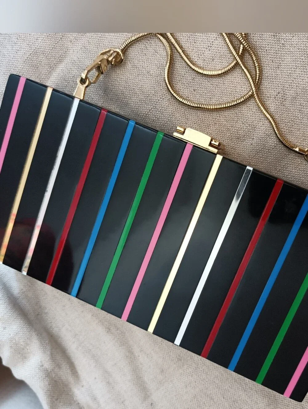 Milly Minaudie're Acrylic Black Jeweled Box Clutch with Gold Chain Link Strap